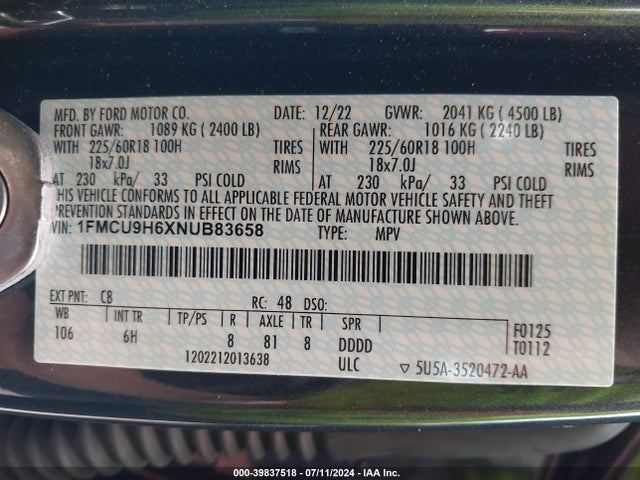 Ford ESCAPE SEL 2022 1FMCU9H6XNUB83658 Image 9