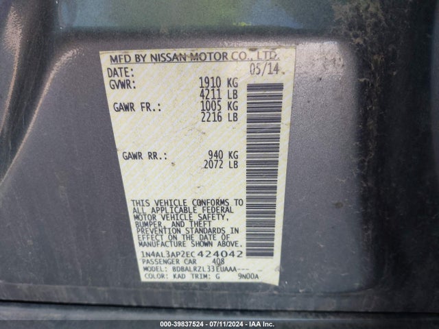 1N4AL3AP2EC424042 Nissan Altima 2.5/s/sv/sl