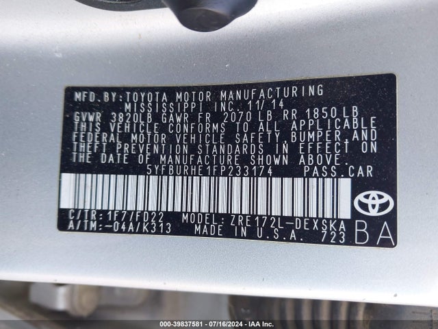 Toyota Corolla S Plus 2015 5YFBURHE1FP233174 Image 9