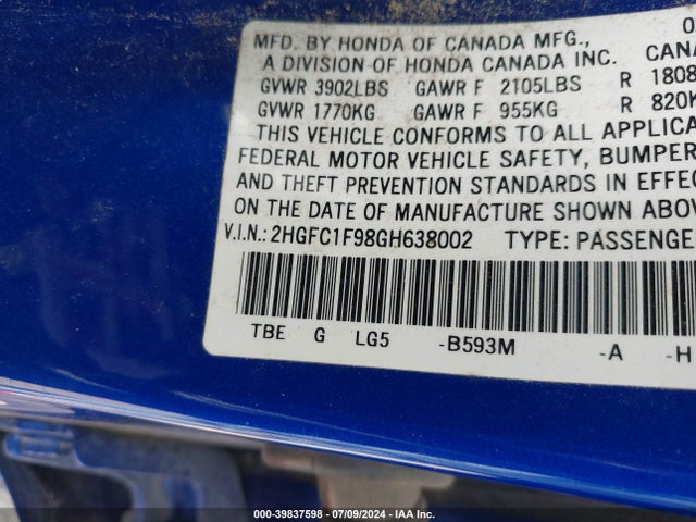 Honda Civic Touring 2016 2HGFC1F98GH638002 Image 9