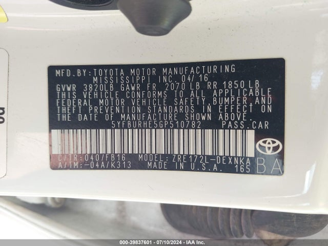 Toyota COROLLA LE 2016 5YFBURHE5GP510782 Image 9