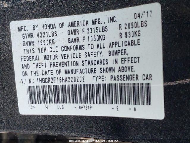 1HGCR2F16HA220202 Honda Accord Sport Se