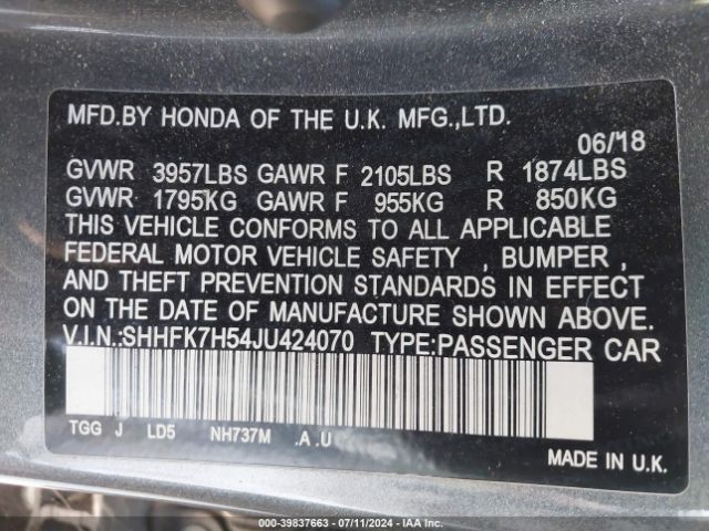 SHHFK7H54JU424070 Honda CIVIC EX