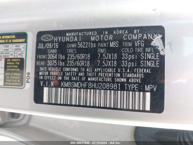 KM8SMDHF8HU208981 Hyundai Santa Fe Se
