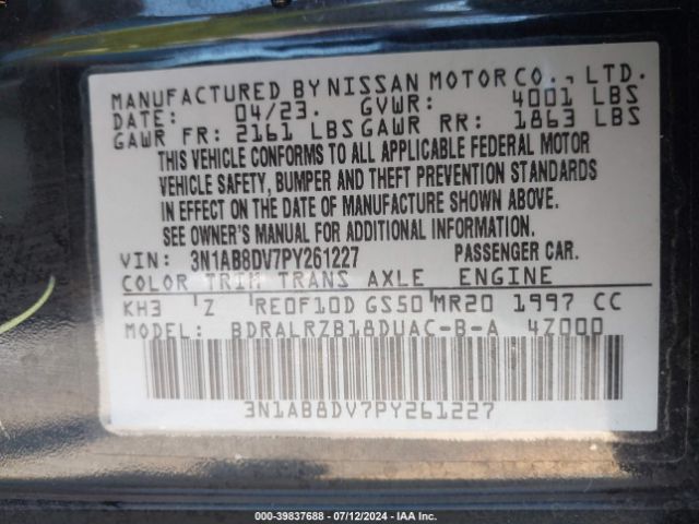 3N1AB8DV7PY261227 Nissan Sentra Sr Xtronic Cvt