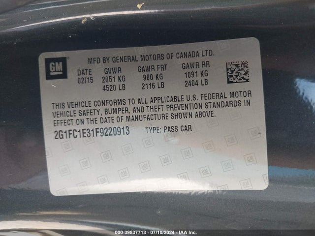 Chevrolet Camaro 1lt 2015 2G1FC1E31F9220913 Image 9