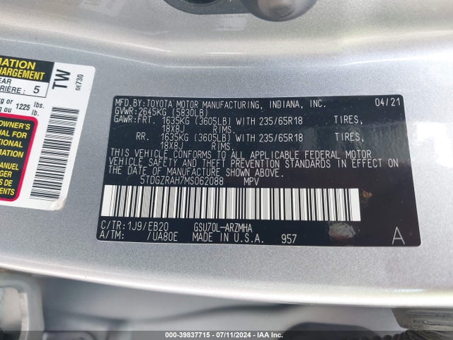 Toyota Highlander Xle 2021 5TDGZRAH7MS062088 Image 9