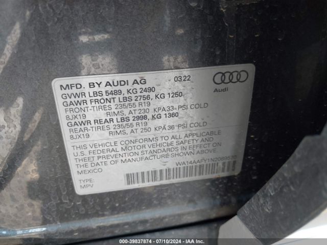 WA14AAFY1N2089570 Audi Q5 Sportback Premium 45 Tfsi S Line Quattro S Tronic