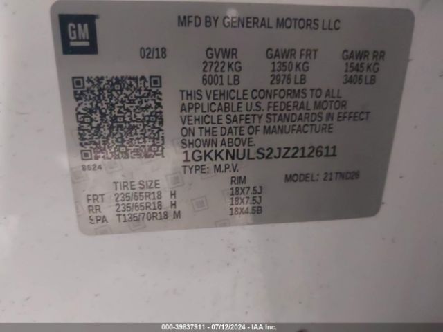 1GKKNULS2JZ212611 GMC Acadia Slt-1