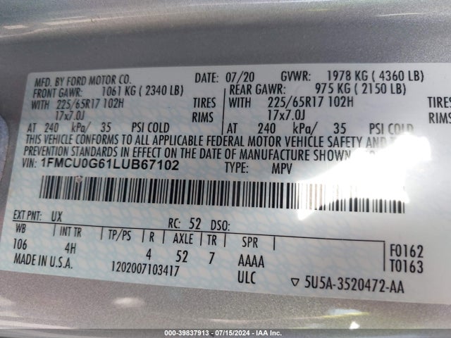 Ford ESCAPE SE 2020 1FMCU0G61LUB67102 Image 9