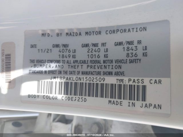 JM1BPAKL0N1502509 Mazda Mazda3 Select