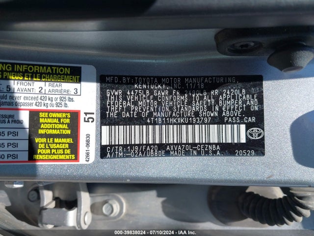 Toyota CAMRY LE 2019 4T1B11HKXKU193797 Image 9