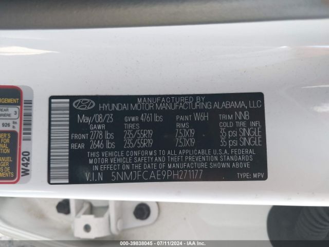 5NMJFCAE9PH271177 Hyundai TUCSON SEL