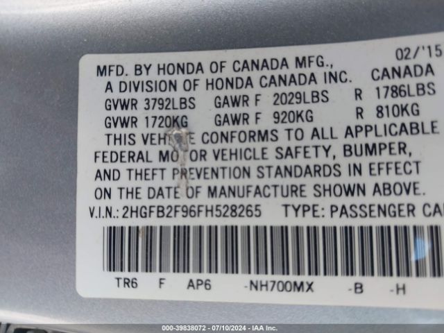 2HGFB2F96FH528265 Honda Civic Ex-l