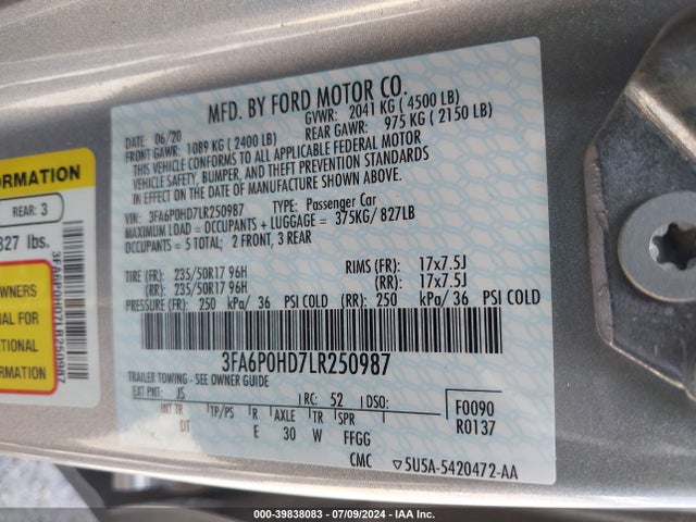 Ford FUSION SE 2020 3FA6P0HD7LR250987 Image 9