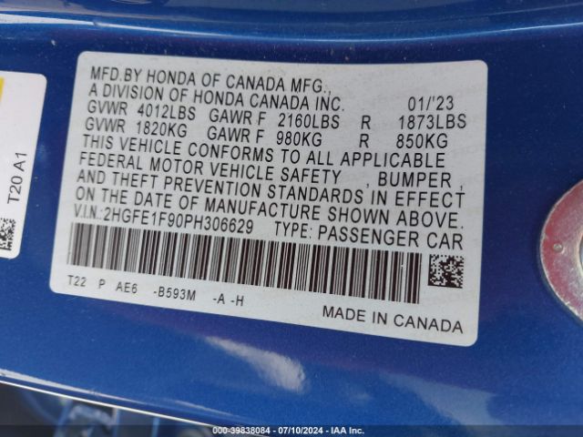 2HGFE1F90PH306629 Honda Civic Touring