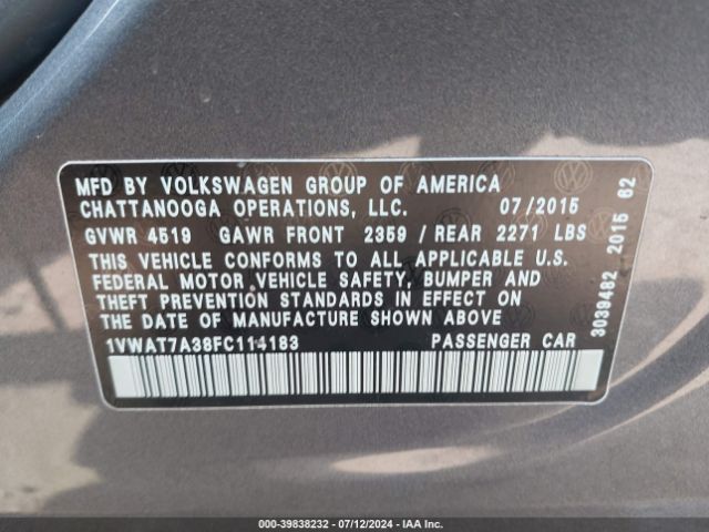 1VWAT7A38FC114183 Volkswagen Passat 1.8t Limited Edition