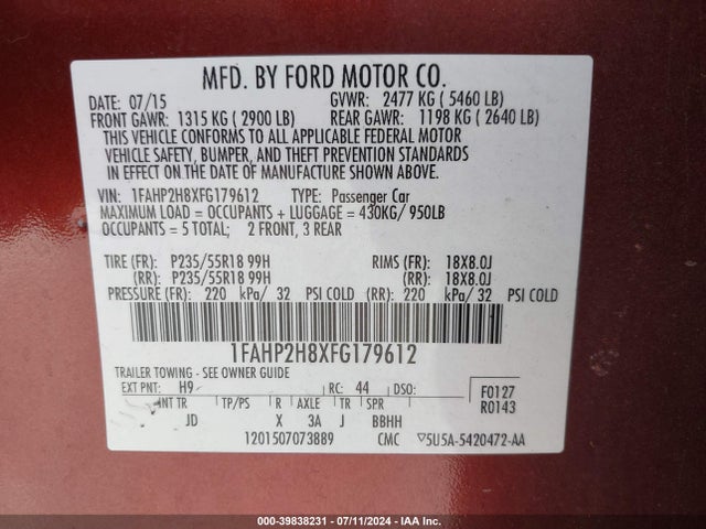1FAHP2H8XFG179612 Ford TAURUS SEL