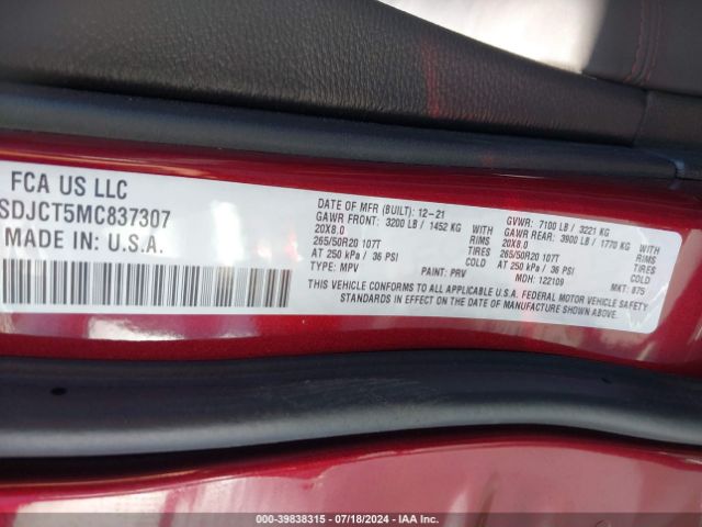 1C4SDJCT5MC837307 Dodge Durango R/t Awd