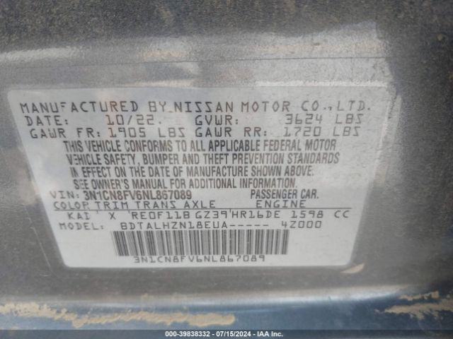 3N1CN8FV6NL867089 Nissan Versa 1.6 Sr Xtronic Cvt