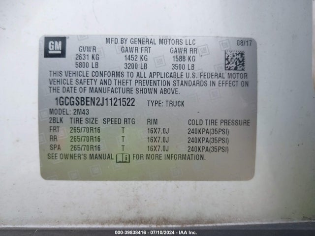 1GCGSBEN2J1121522 Chevrolet Colorado Wt
