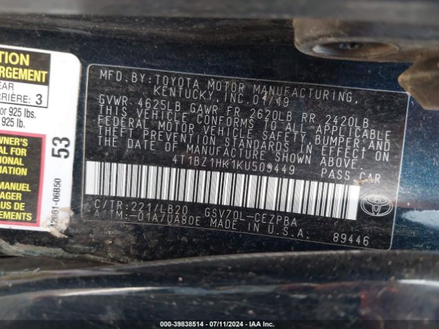 4T1BZ1HK1KU509449 Toyota Camry Xse V6