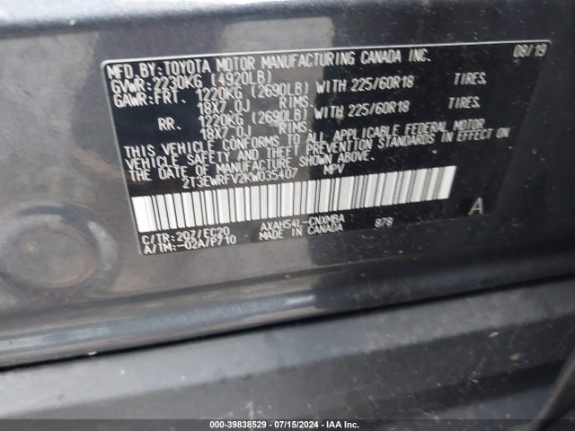 2T3EWRFV2KW035407 Toyota Rav4 Hybrid Xse