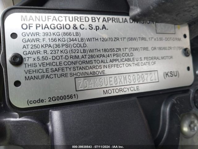 2021 APRILIA TUONO ZD4KSUE0XMS000721 Photo 9