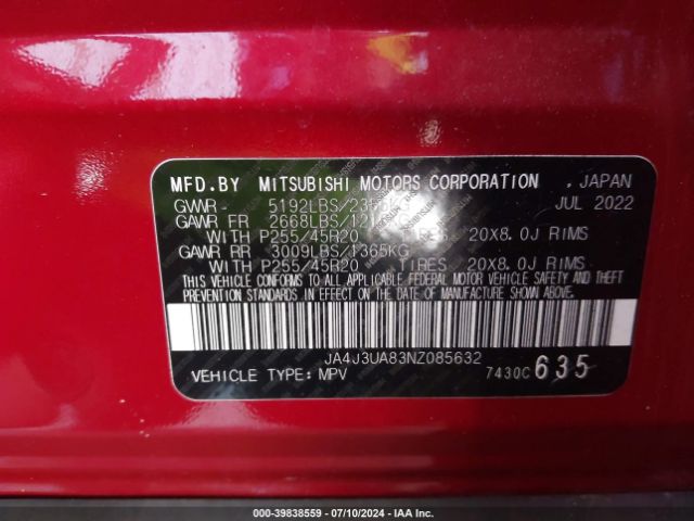 JA4J3UA83NZ085632 Mitsubishi Outlander Black Edition 2wd/se 2.5 2wd/se Launch Edition 2wd