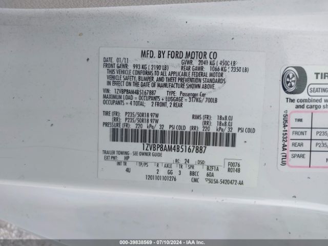 2011 FORD MUSTANG 1ZVBP8AM4B5167887 Photo 8
