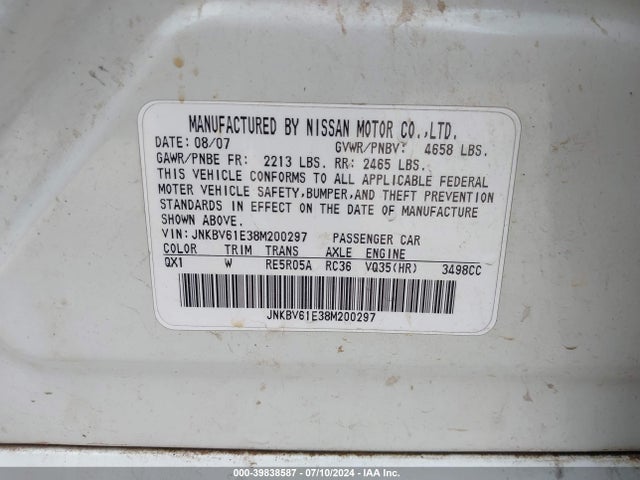 Aukcja sprzedaży 2008 Infiniti G35 Journey, vin: JNKBV61E38M200297, numer aukcji: 39838587