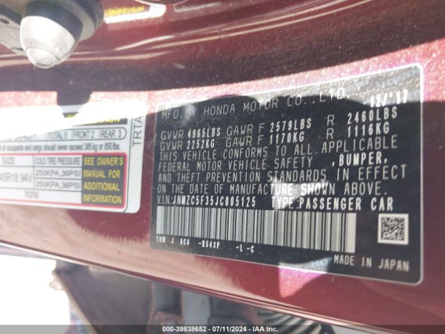 JHMZC5F35JC005125 Honda Clarity Plug-in Hybrid Touring