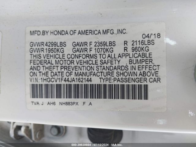 1HGCV1F44JA162144 Honda ACCORD EX