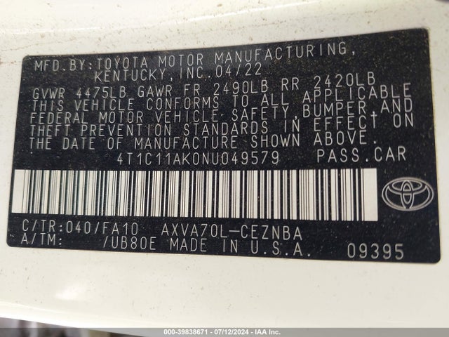 Toyota CAMRY LE 2022 4T1C11AK0NU049579 Image 9
