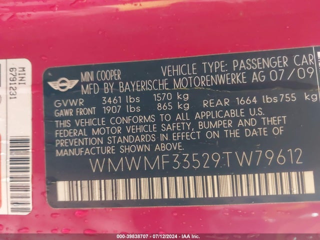 2009 MINI COOPER WMWMF33529TW79612 Photo 8