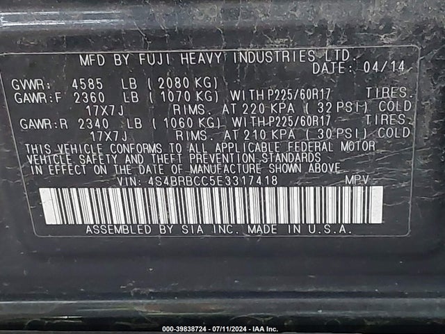 Subaru Outback 2.5i Premium 2014 4S4BRBCC5E3317418 Image 9