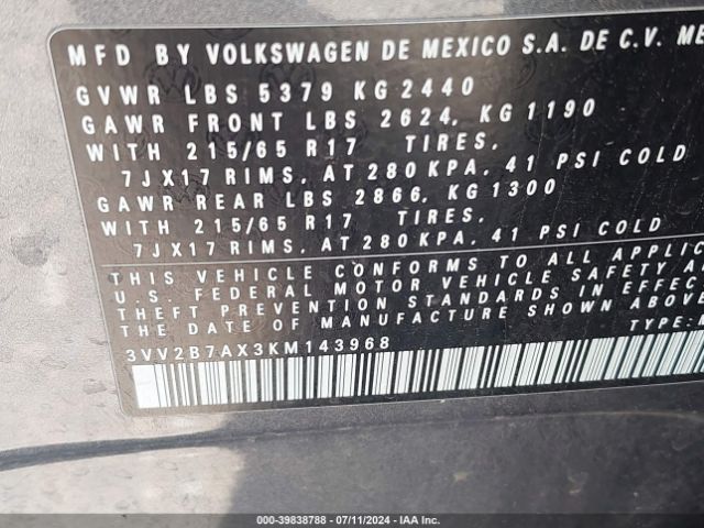 3VV2B7AX3KM143968 Volkswagen Tiguan 2.0t Se/2.0t Sel/2.0t Sel R-line/2.0t Sel R-line Black