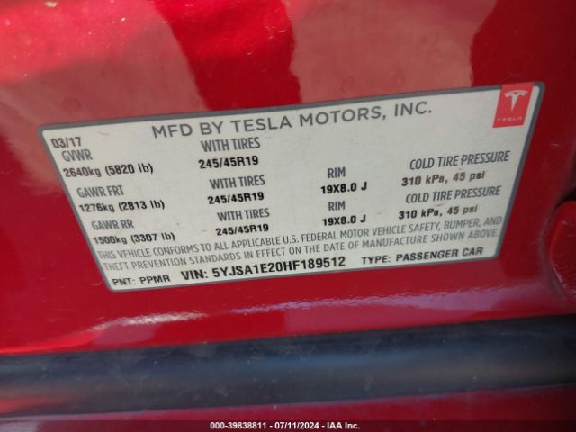 5YJSA1E20HF189512 Tesla Model S 100d/60d/75d/90d/p100d