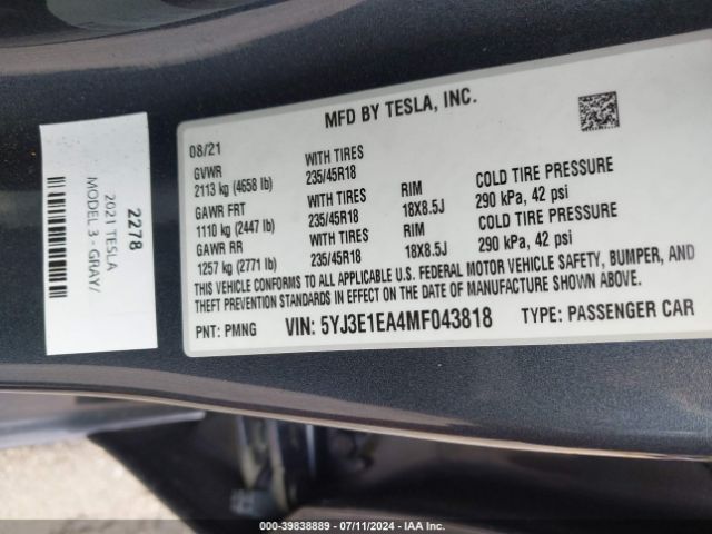 5YJ3E1EA4MF043818 Tesla Model 3 Standard Range Plus Rear-wheel Drive
