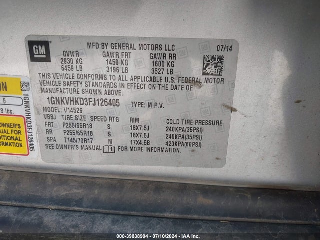 Chevrolet Traverse 2lt 2015 1GNKVHKD3FJ126405 Image 9