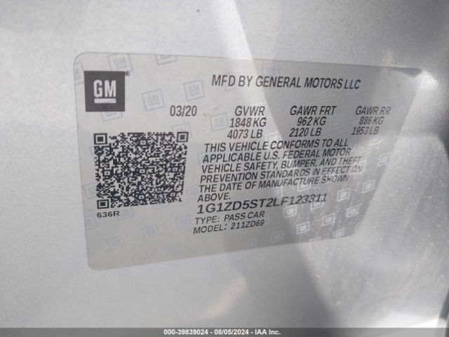 1G1ZD5ST2LF123311 Chevrolet Malibu Fwd Lt