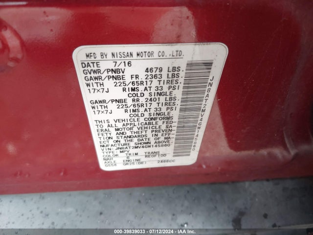 JN8AT2MV4GW145860 Nissan ROGUE S