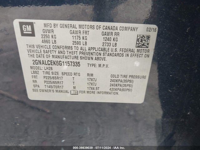 Chevrolet EQUINOX LT 2016 2GNALCEK6G1157335 Image 9