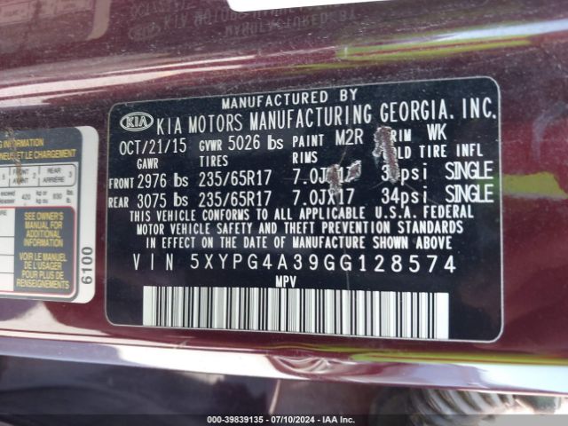 5XYPG4A39GG128574 KIA Sorento 2.4l Lx
