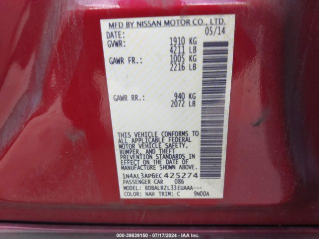 1N4AL3AP6EC425274 Nissan Altima 2.5/2.5 S/2.5 Sl/2.5 Sv