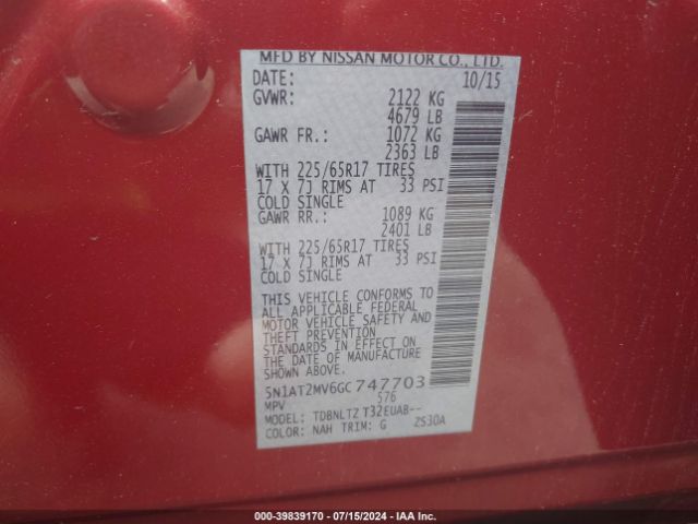 5N1AT2MV6GC747703 Nissan Rogue S/sl/sv