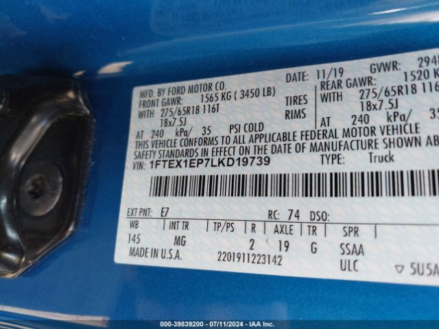 1FTEX1EP7LKD19739 Ford F-150 Xlt