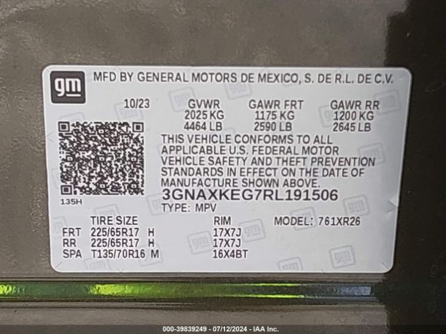 3GNAXKEG7RL191506 Chevrolet Equinox Fwd Lt