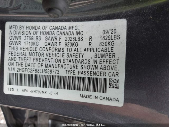 2HGFC2F68LH588773 Honda Civic Lx