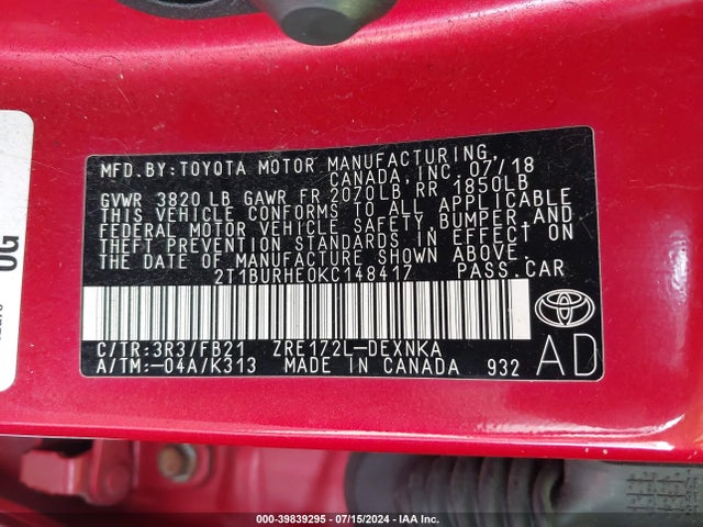 Toyota COROLLA LE 2019 2T1BURHE0KC148417 Image 9